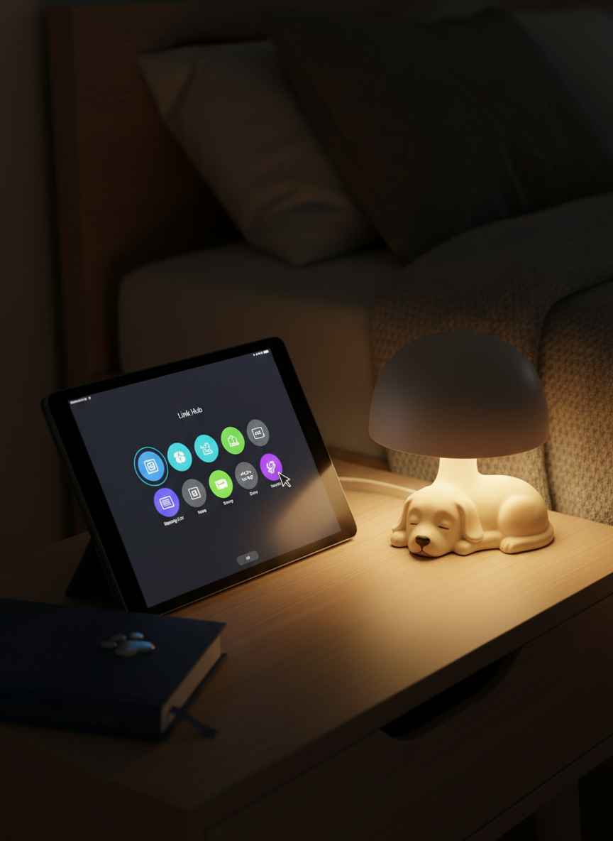 A polished nightstand scene suggesting late-night link browsing: a minimalist wooden bedside table holds a slate-gray tablet angled toward the viewer, its screen displaying a sleek, dark-mode link hub with neon-accented buttons. Beside it, a ceramic dog-shaped lamp with a soft matte finish casts warm, focused light, creating a pool of illumination around the tablet and gentle falloff into the darker room. A closed book with a paw-print bookmark rests nearby. The background fades into soft darkness, with only hints of bed linens visible. Photographic realism with a slightly low angle and shallow depth of field creates an intimate, cozy, slightly indulgent atmosphere ideal for a modern influencer’s bedroom.