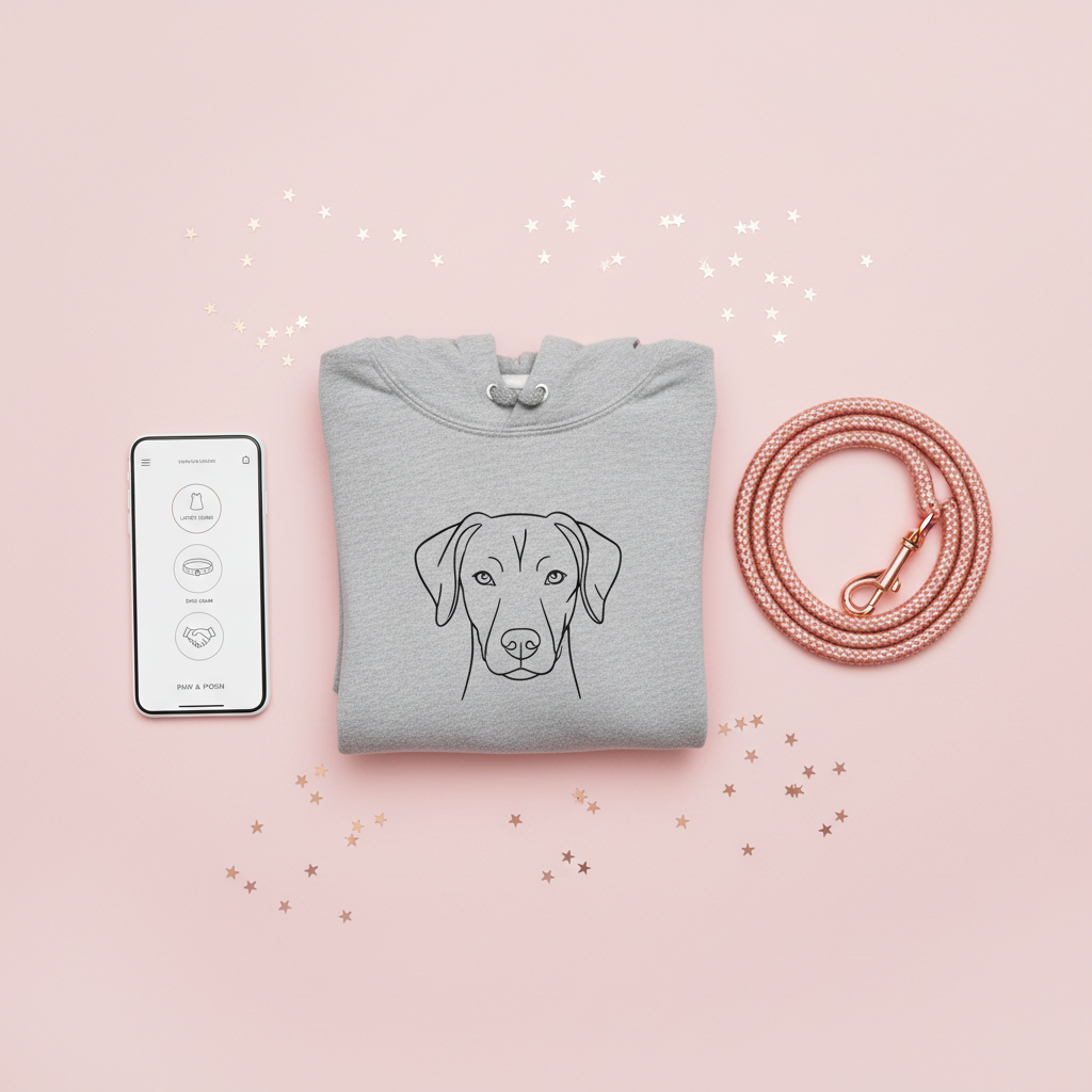 A chic flat lay of dog-obsessed influencer essentials: a folded, heather-gray hoodie printed with a minimalist dog outline, a rose-gold dog leash coiled neatly, and a sleek white smartphone showing a stylized landing page with icons for "latest looks", "dog gear", and "brand deals". The items rest on a pale pink background with scattered metallic confetti stars for a fun touch. Soft studio lighting from above minimizes harsh shadows and adds subtle sheen to the metallic leash. Photographic realism with a top-down composition and plenty of breathing room gives a clean, modern feel, while the color palette and props create a playful, mid-30s, dog-crazy influencer mood.