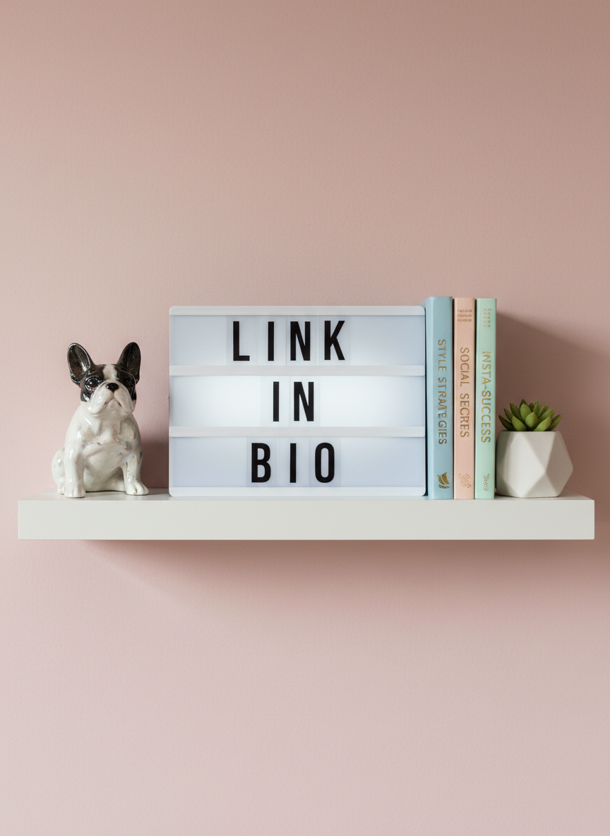 A whimsical shelf vignette with a lightbox sign spelling out "LINK IN BIO" in bold black letters, perched on a white floating shelf. Around it, carefully placed decor includes a small ceramic French bulldog figurine with a glossy finish, a stack of pastel-colored books about style and social media, and a tiny potted succulent in a geometric planter. Behind them, a soft blush-pink wall provides a gentle backdrop. Diffused natural light from the side creates delicate shadows under each object and subtle highlights on the figurine’s curves. Photographic realism, straight-on framing, and sharp focus throughout produce a clean, Instagram-ready aesthetic that feels playful, modern, and perfectly suited to an influencer’s personal brand.