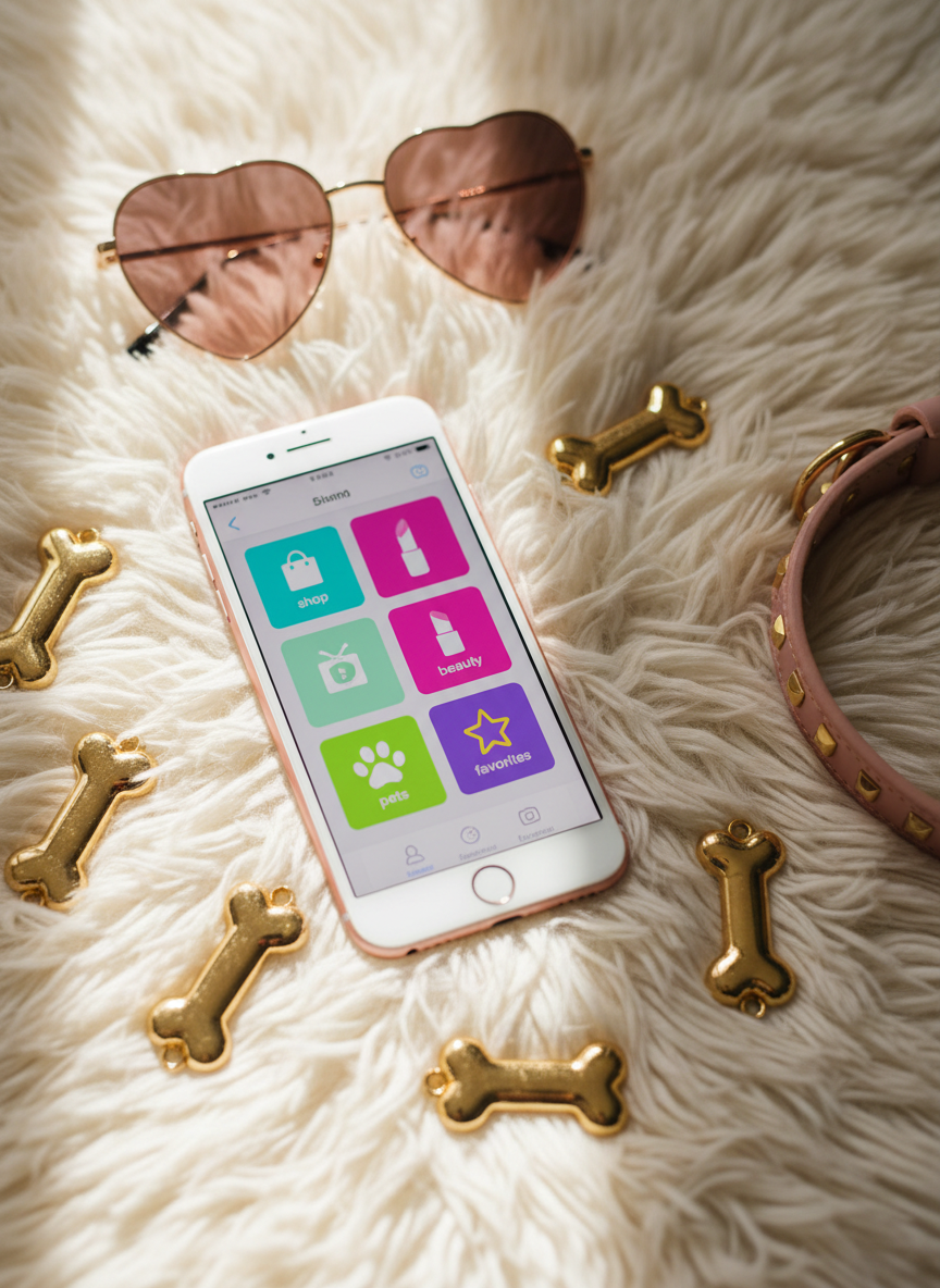 A playful flat lay of a sleek rose-gold smartphone resting on a soft, cream faux-fur rug, its screen open to a vibrant grid of colorful app icons and link buttons labeled "shop", "beauty", "pets", and "favorites". Around the phone, neatly arranged gold-plated dog bone charms, a blush-pink leather dog collar with tiny studs, and a pair of oversized heart-shaped sunglasses add personality. Soft window light from the side creates gentle, flattering highlights on metallic edges and subtle shadows in the fur texture. Photographic realism with a shallow depth of field keeps the phone in sharp focus while the background melts into creamy bokeh, conveying a fun, cozy, influencer-style vibe perfect for a personal links hub.